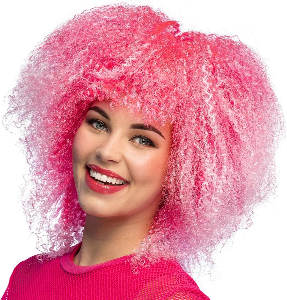 85093 - Neon pruik met krullen voor volwassenen, roze kunsthaar pruik