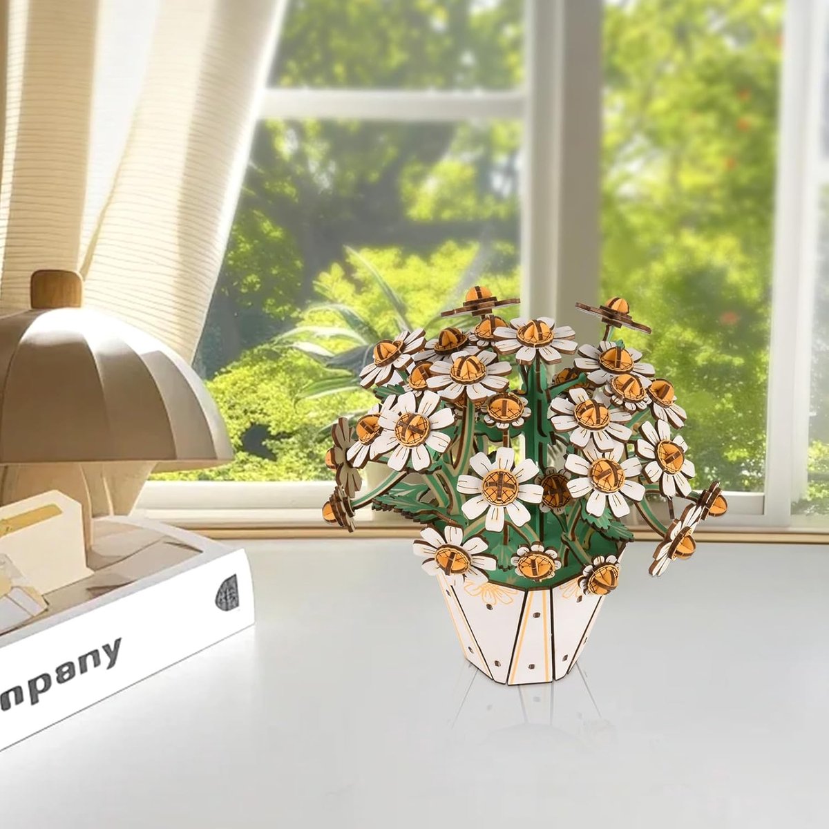 3D Puzzel Houten Bloem, Kunstbloemen Bouwmodel Kits voor Volwassenen, DIY Bouw Knutsel Kits, Huisdecor en Verjaardag Valentijn Kerstcadeaus voor vrouwen, Wit kristal madeliefje