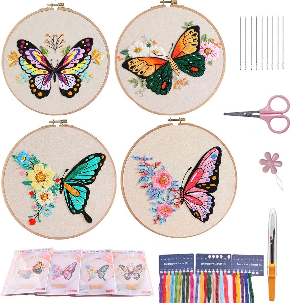 Borduurpakket voor beginners, 4 sets vlinderborduurpakketten met patronen en instructies kruissteekkits, borduurkleding met patroon, bamboe hoepels, draden en naalden