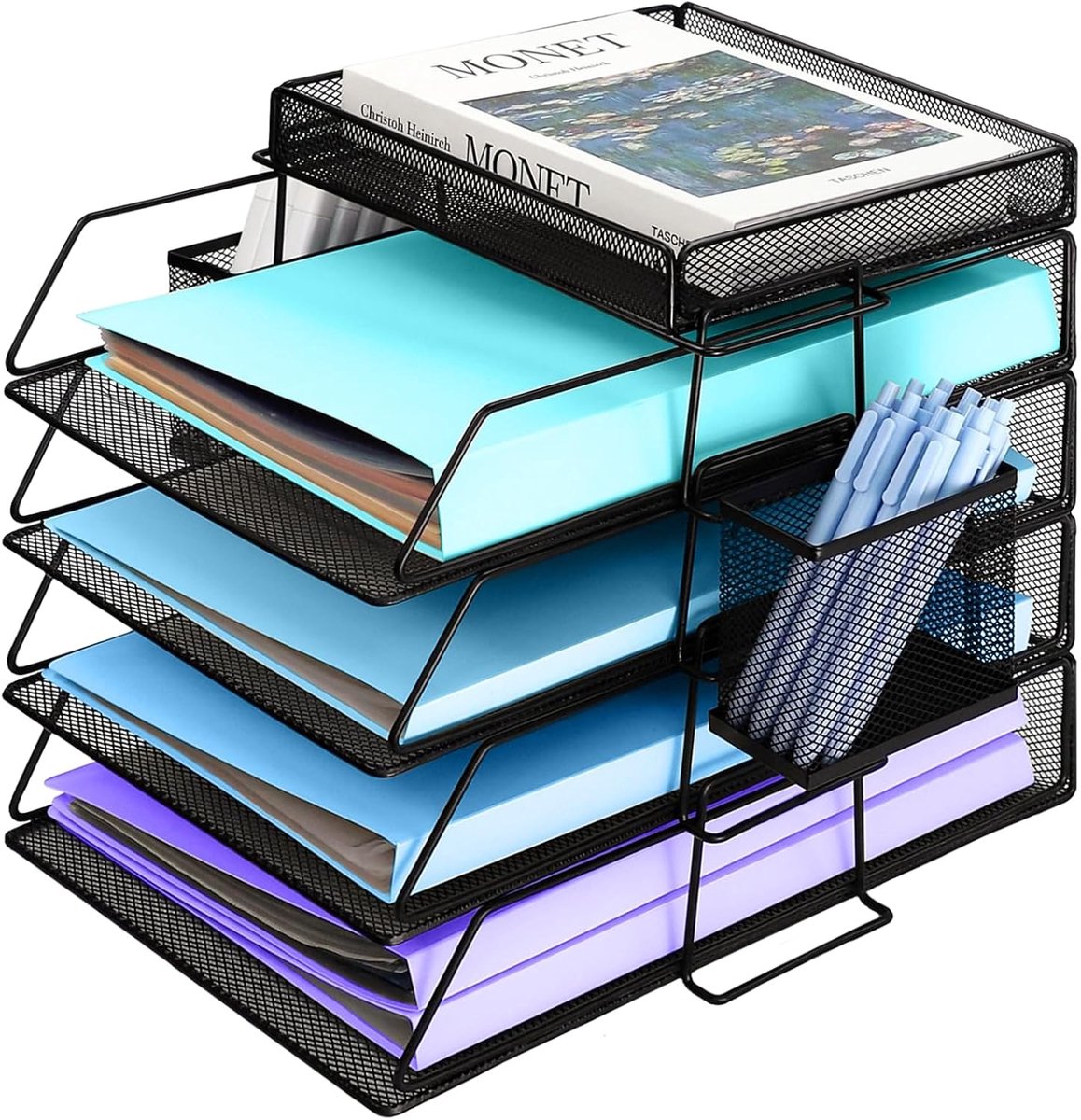 SnelShoppen - Office Letter Tray Documenthouder met Pennenhouder, 4 Compartimenten, Bureau Organizer, Stalen Papierenbak, Gaas, Opslagcompartimenten,