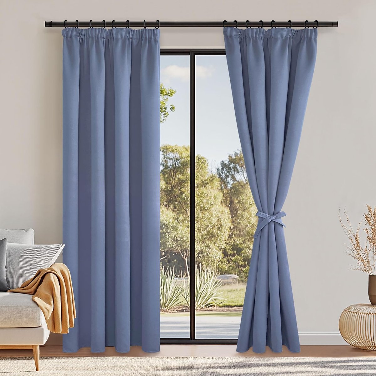 Gordijnen, set van 2 stuks; blickdicht; met plooiband; H225 x B140 cm; verduisteringsgordijnen met gordijn-krawatten; voor woonkamer, slaapkamer; thermogordijnen voor koudebeveiliging en
