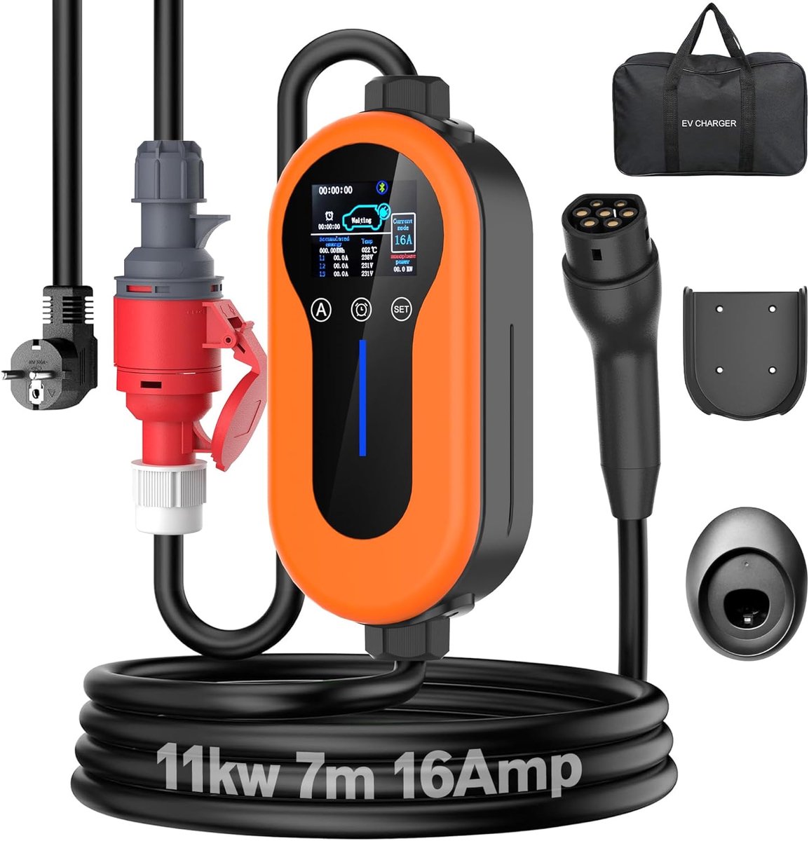 SnelShoppen - Mobiele Wallbox 11kW met Type 2 laadkabel 7 m, 16A 3-fase CEE stekker, 6-16A instelbaar, Schuko adapter, LCD display, IP65 waterdicht, i