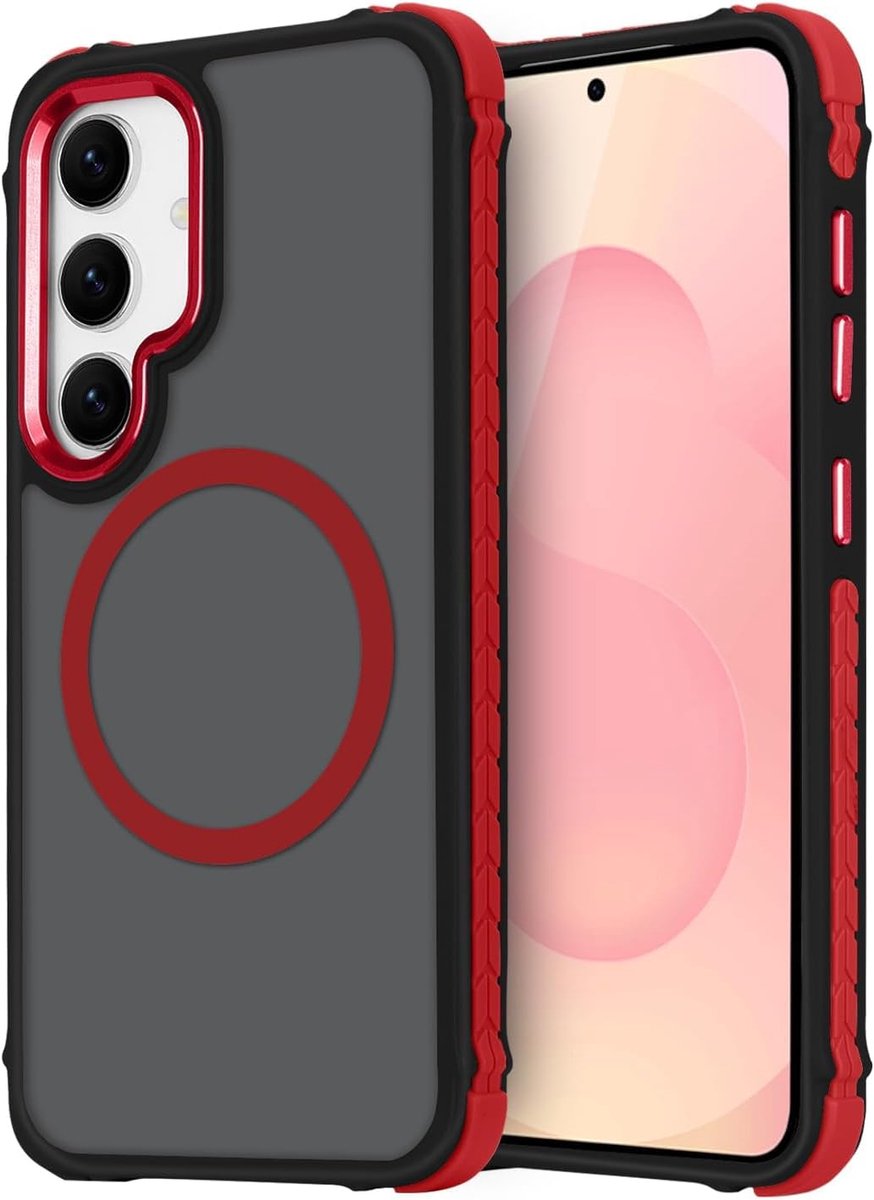 Magnetische hoes voor Samsung Galaxy S25/S24, compatibel met Magsafe Doorschijnende matte antislip telefoonhoes, militaire bescherming, robuust, schokbestendig, duurzaam, rood