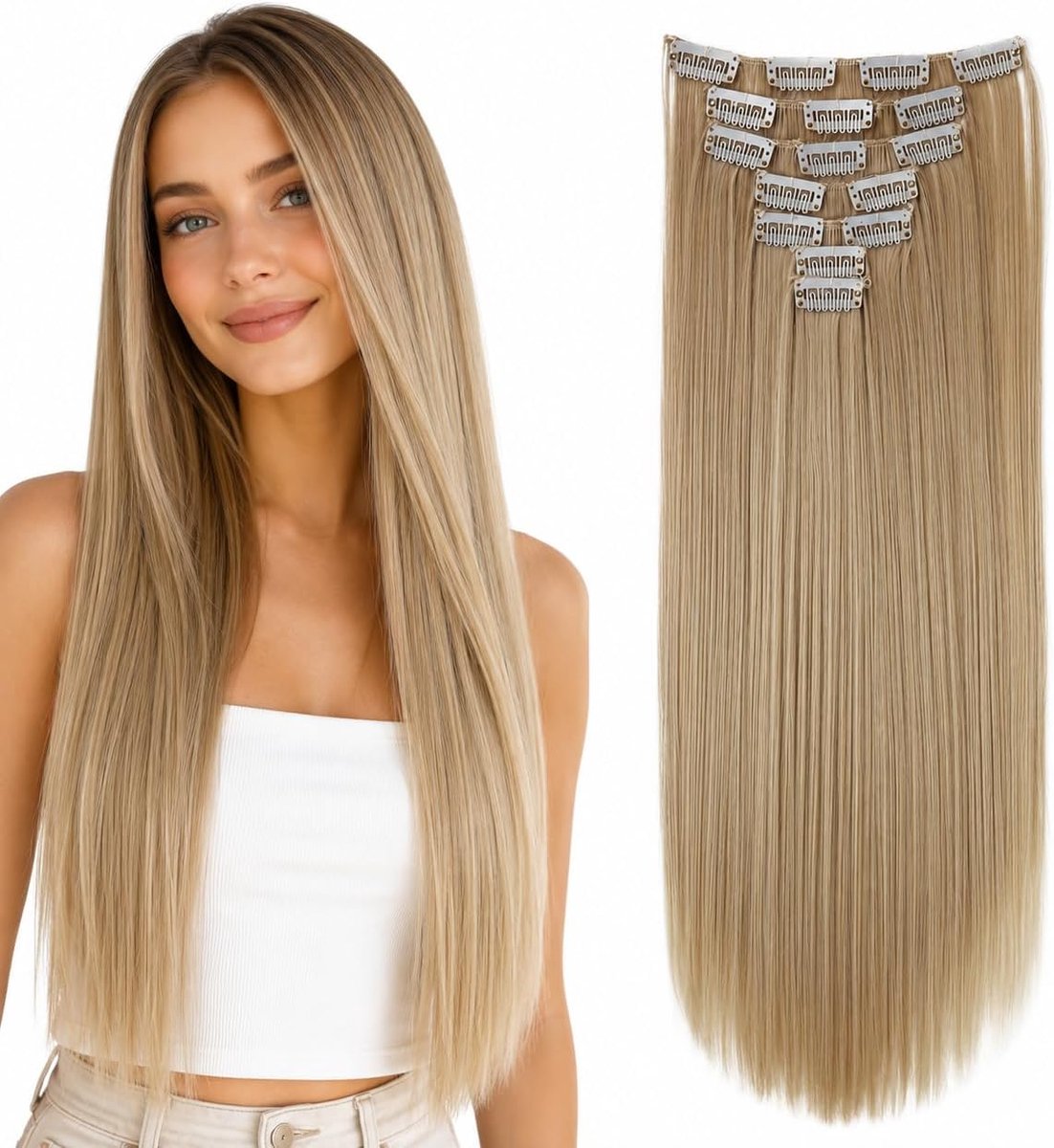 XXL 60cm 8 Delige Set Clip In Extensions Haarextensies Haarstukje Glad Blond CES25
