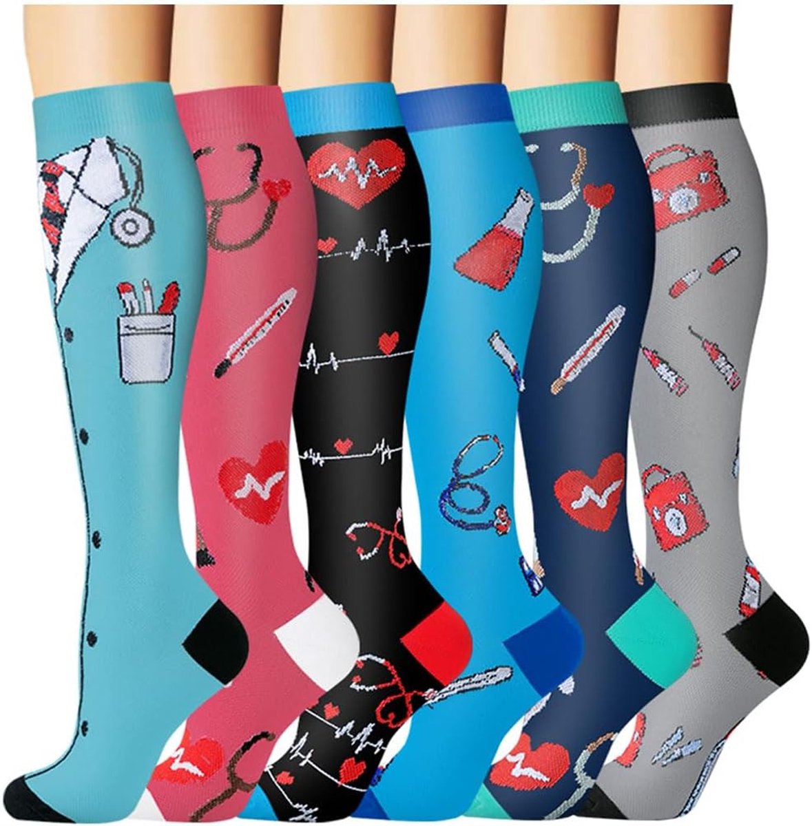 6 paar compressiekousen voor heren en dames, kleurrijke steunkousen