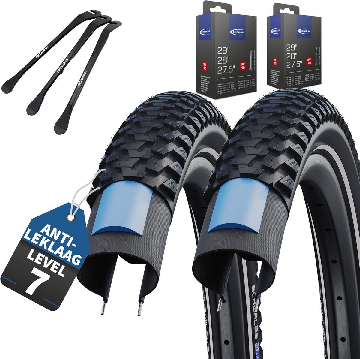 Fietsbanden Marathon Plus MTB 29 Inch - Reflecterende strip - Inclusief ventielen en 3 metalen bandenlichters - SnelShoppen