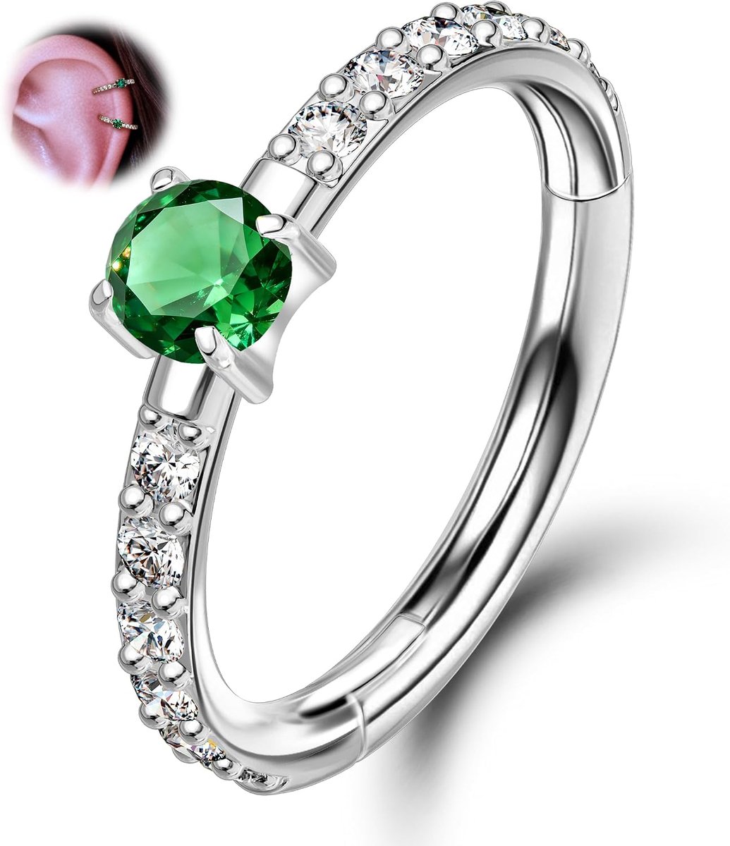 Titanium Helix Piercing Sieraden Minimalistische 16G Daith Hoop Clicker Emerald Clear CZ Tragus Conch Ring Rook Sieraden Ring Zilver Goud Kraakbeen Oorbellen Hoop voor Vrouwen 6 8mm