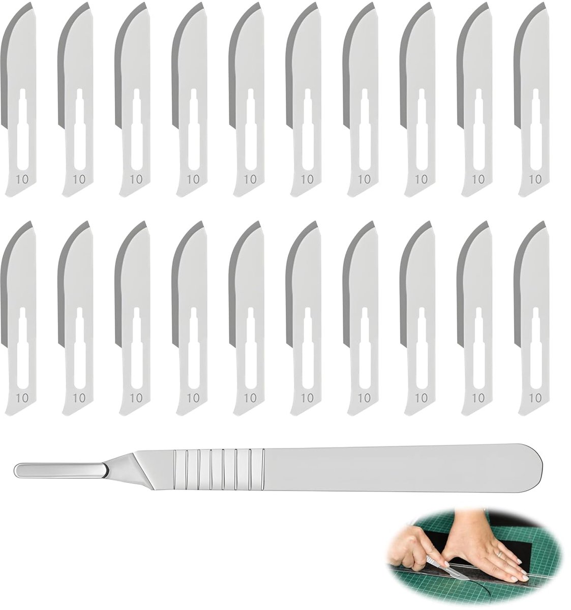Scalpel Set, 20 Stuks Steriele Wegwerp-Scalpels Nº 10 met 1 Scalpelhouder van Roestvrij Staal (Nr. 3) voor Snijden, Pedicure, Handwerk, Modelleren, Snijmaterialen en Leder