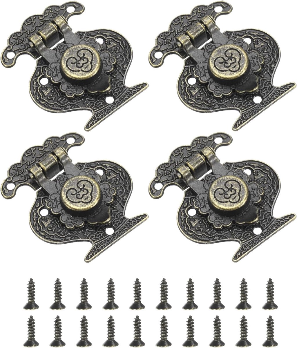 4 stuks kliksluitingen, 46 x 38 mm, decoratief, hendelsluiting aan de achterkant, zinklegering, schroeven voor juwelendoos, koffer, cassette, brons