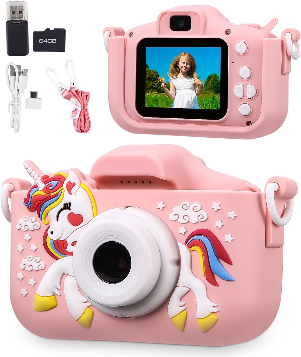 Kindercamera 1080P beeldscherm met 64GB kaart digitale camera voor 3-12 jarige kinderen roze
