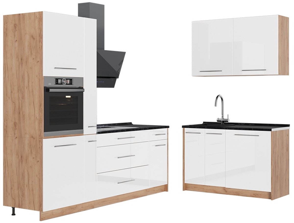 Vicco Keuken Fame-Line, Wit Hoogglans/Goudkleurig Eiken, 220 x 120 cm, WB Antraciet