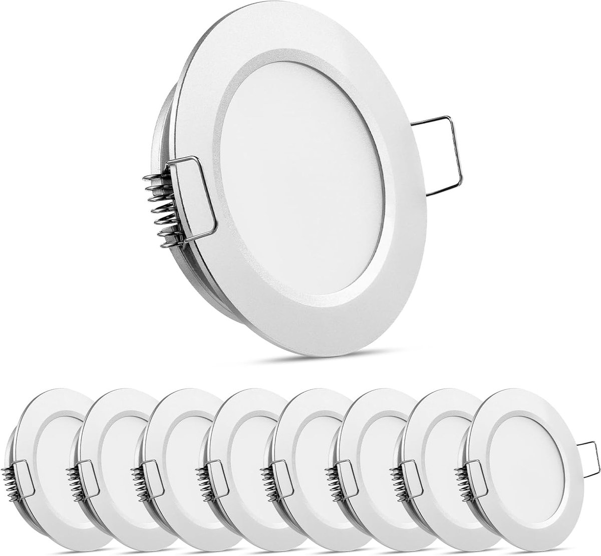 8 x 12V Inbouw LED Plafondlampen, Camper Dimbare Downlight Spot Light, DC 12 Volt Overhead Interieur Licht voor Keuken Van Caravan Boot, DIA 70mm Aluminium(Zilver, 3000K)