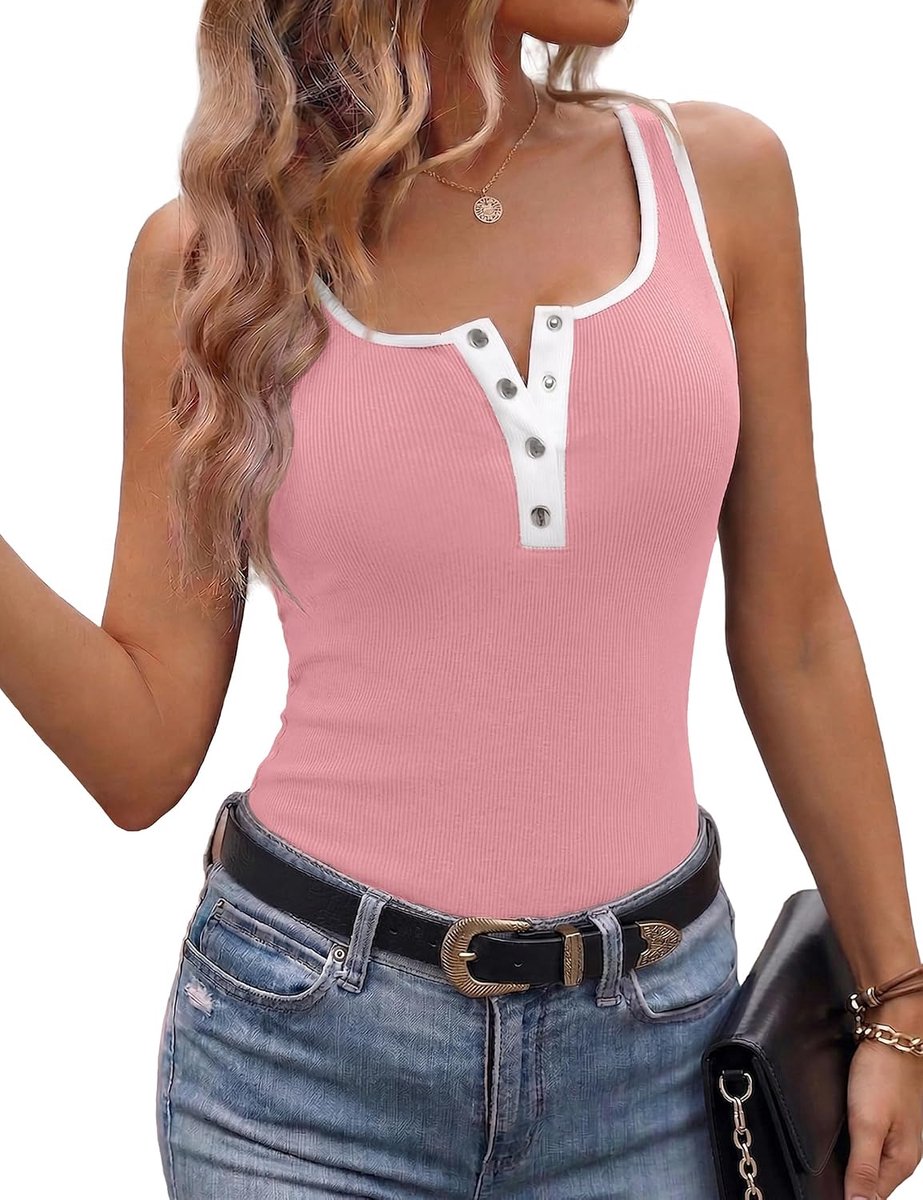Tanktop voor dames, mouwloos, tanktop, zomer, vierkante hals, met knopen, elegant, casual, sexy, slim fit, basic T-shirt, sport, Y2k