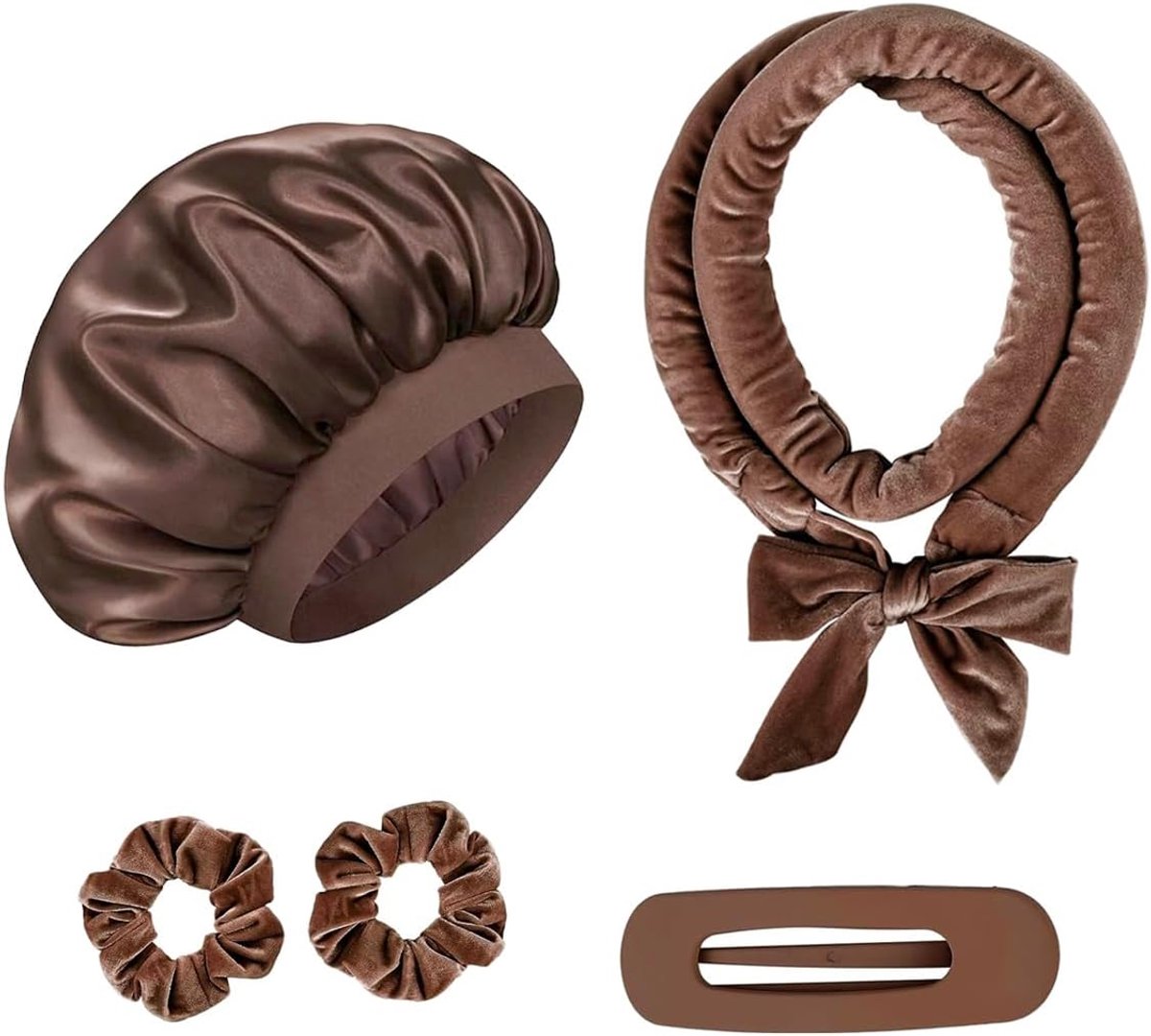 Riven Een set hittevrije haarkrullers, automatische krultang voor de nacht met hittevrije zijden kap voor halflang haar (bruin)