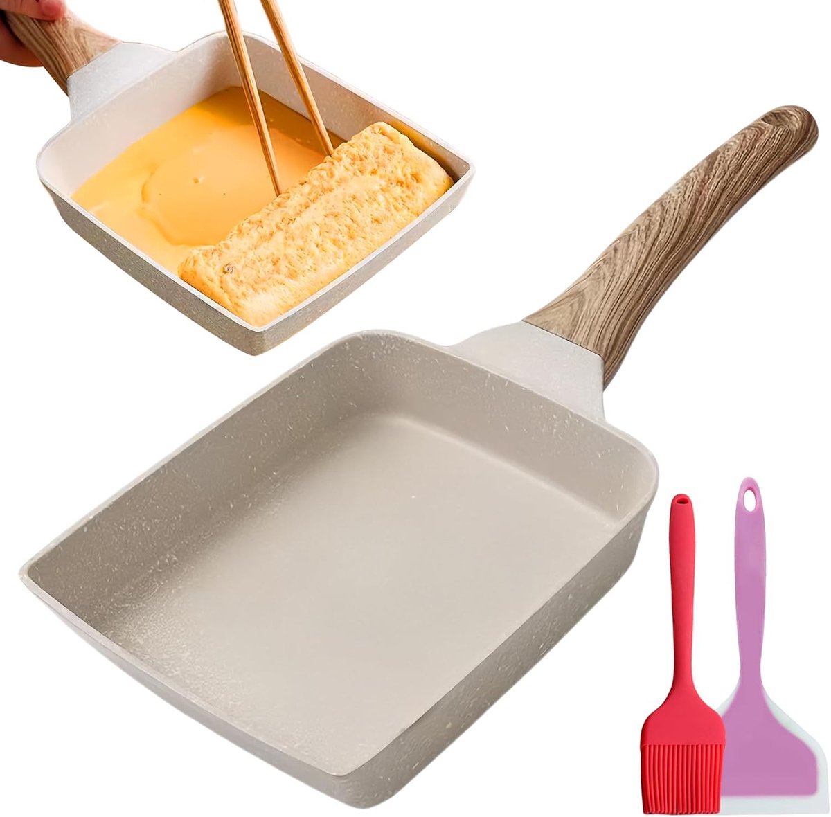 omeletpan, Tamagoyaki-pan met siliconen spatel en borstel, antiaanbakpan voor Japanse omeletten, voor alle kookplaten (wit)