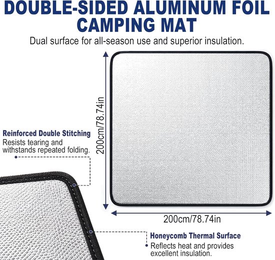 Aluminium isolatiemat, schuimmatten, 200 x 200 cm, slaapmat voor camping, isolatiedeken, opvouwbare tentmat, vloermat, thermomat, mat van aluminiumfolie, ultralicht en waterafstotend — afbeelding 2