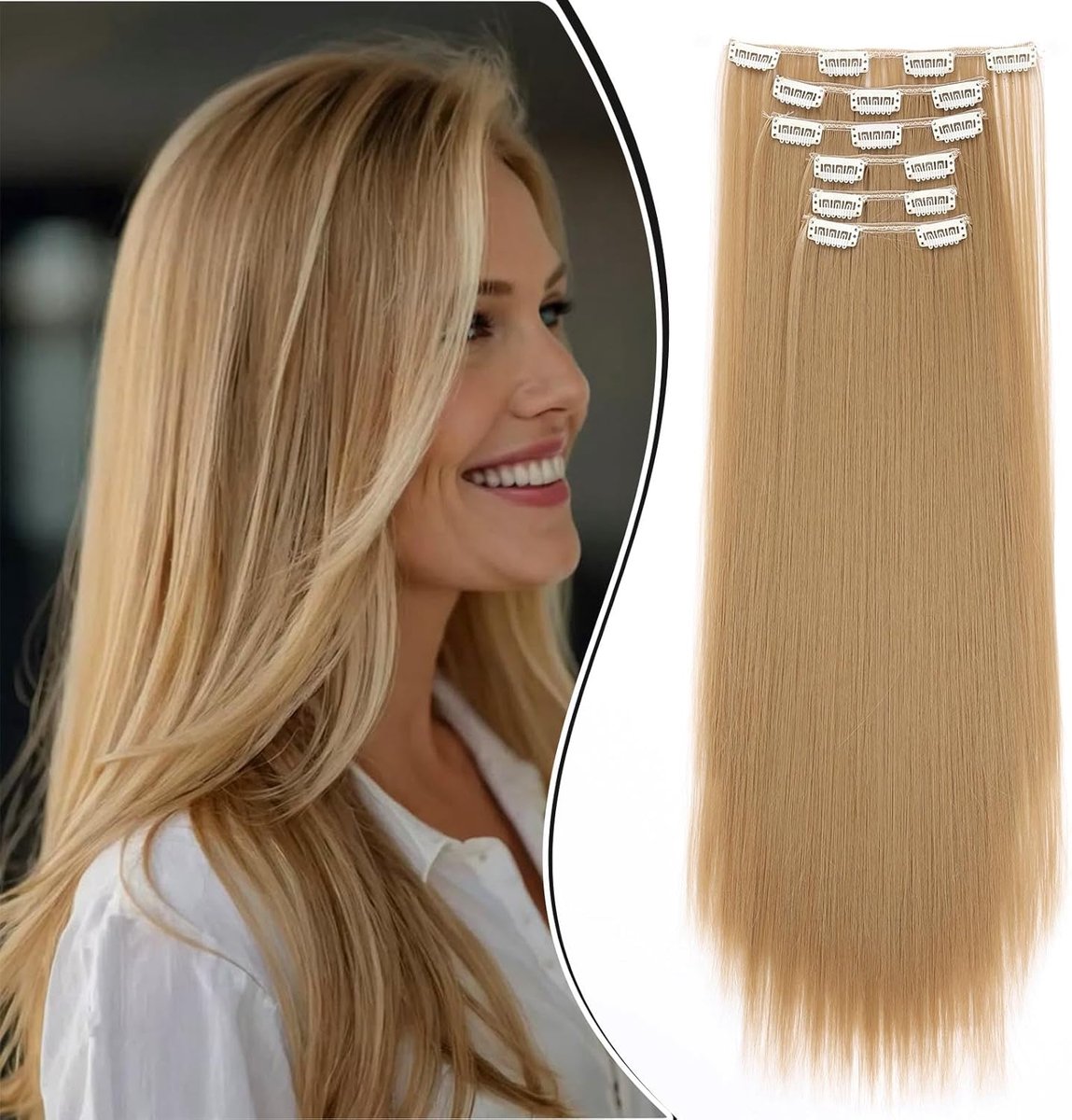 Clip in Extensies Haarstukje Haarverlenging Recht 6PCS 58cm Clip in Haarextensies Zoals Echt Haar Goedkope Synthetische Lang, Natuurlijk Blond/Donker Blond