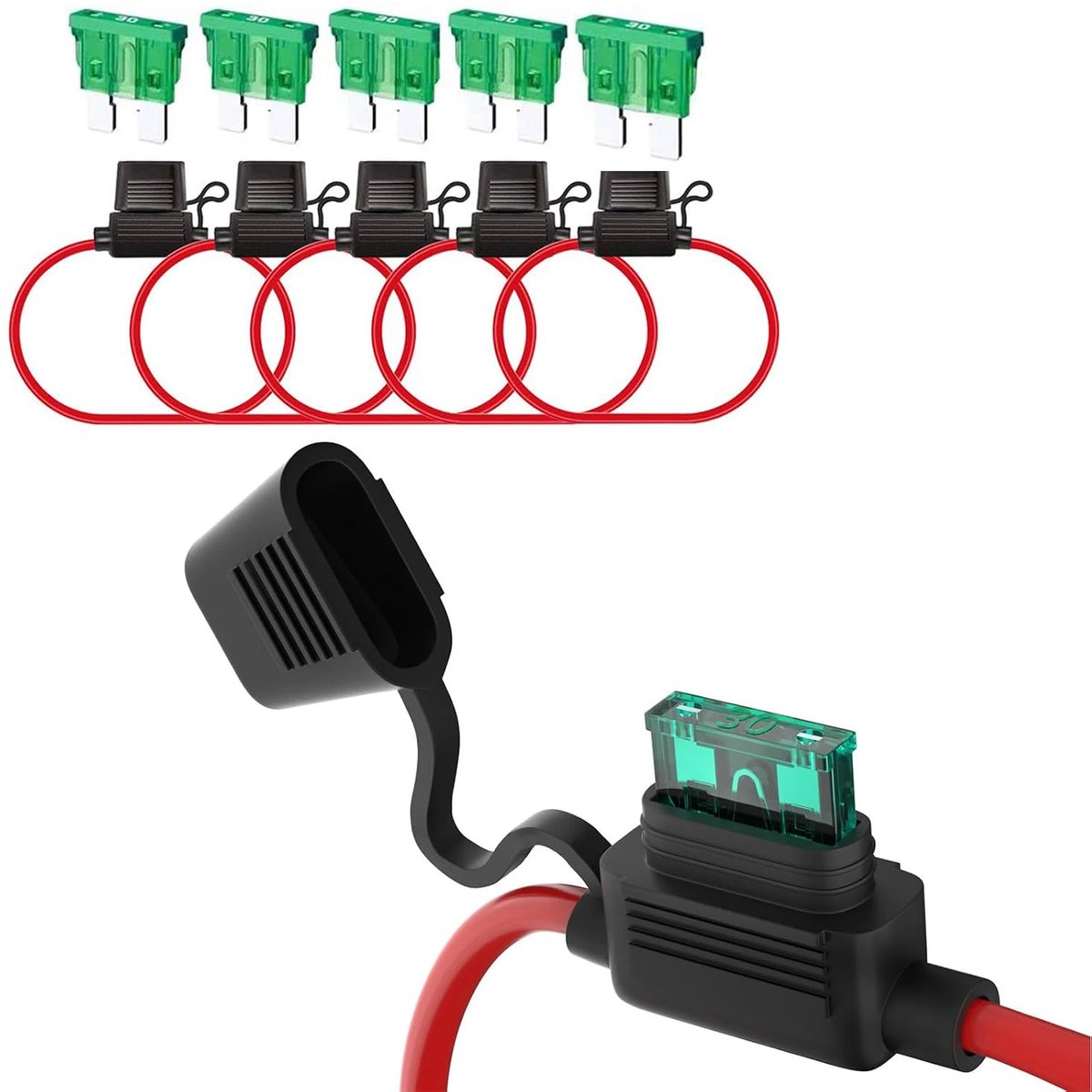 5 stuks 12 AWG zekeringhouders met draad, 12 V inline platte zekering, waterdichte houder met 5-delige standaard 30 A autozekeringen voor auto, vrachtwagen, motorfiets, boot enz.