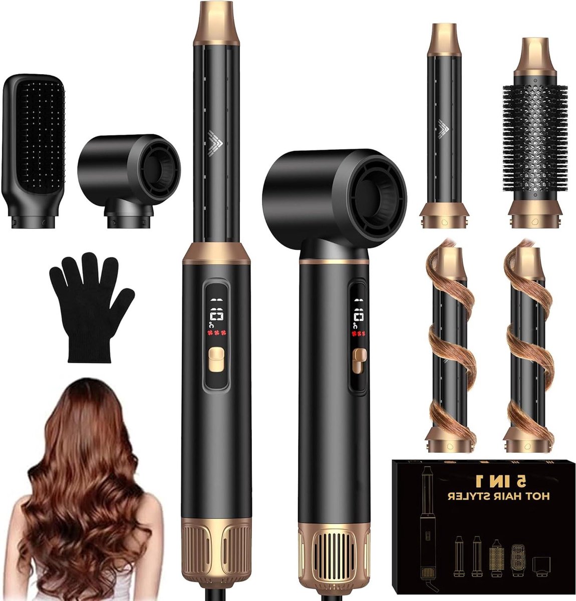 Haarstyler Haardroger - Krulborstel Föhn - Dagelijks Haar Stylen - 5-in-1 Opzetstukken - 26 x 20 x 8 cm - Zwart
