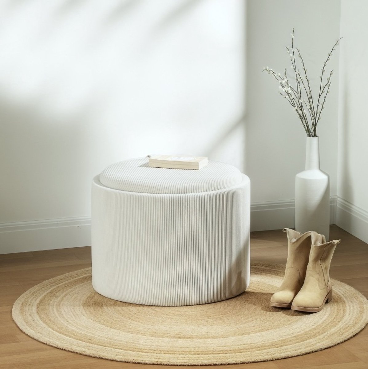 COVREO Poef 56x56x42 cm cremewit, polyester met opbergruimte en deksel