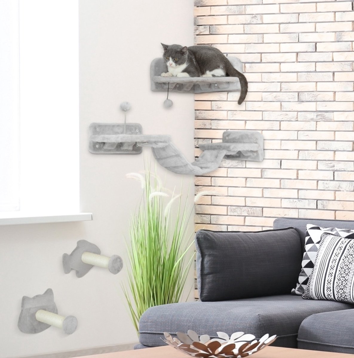 COVREO Krabmeubel 4-delige set lichtgrijs, hout pluche sisal wandmontage