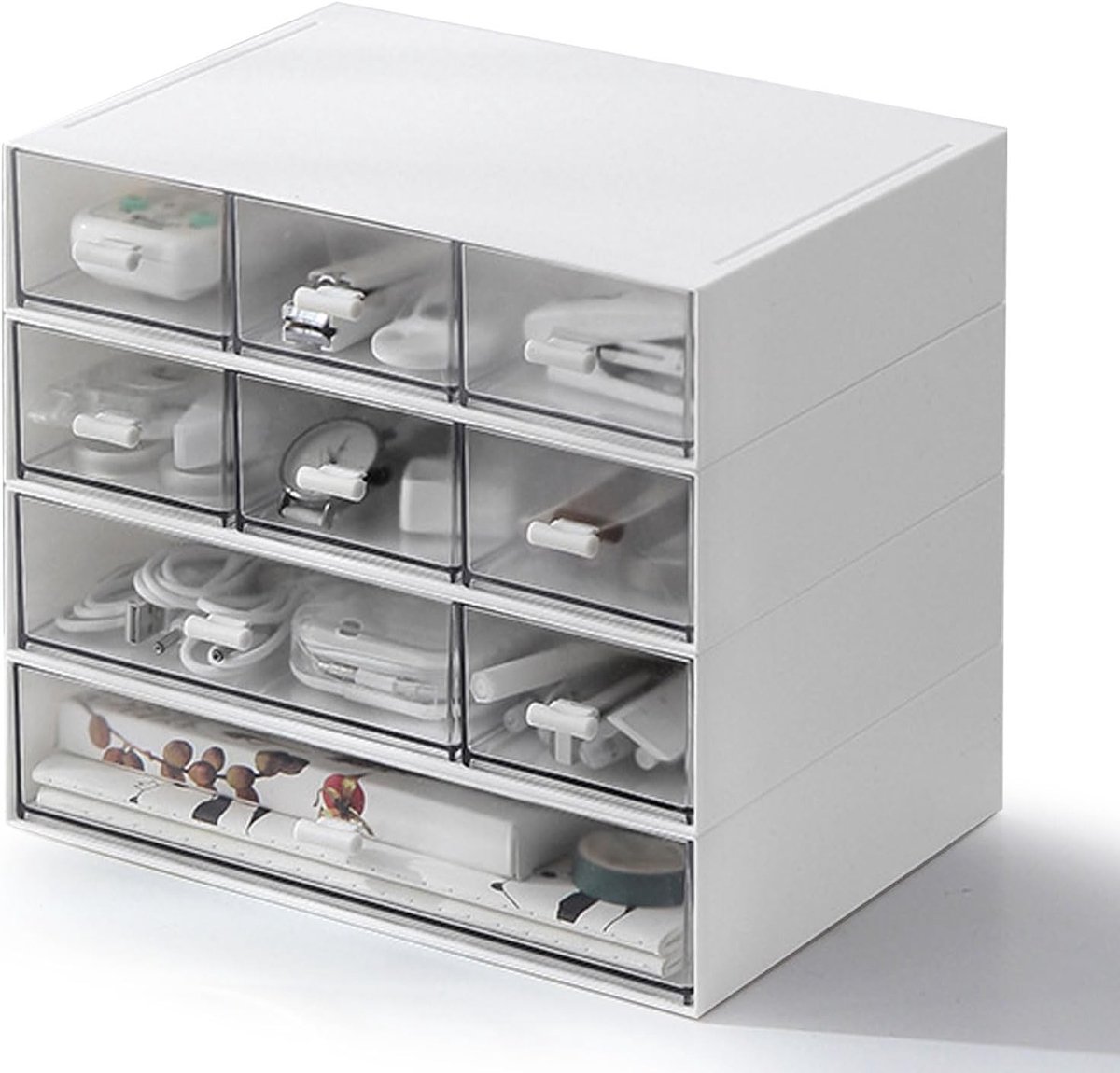 Stapelenbare Organizer met 9 Laden, 4 Laags Opbergdoos voor Make-up, Sieraden en Kantoorbenodigdheden