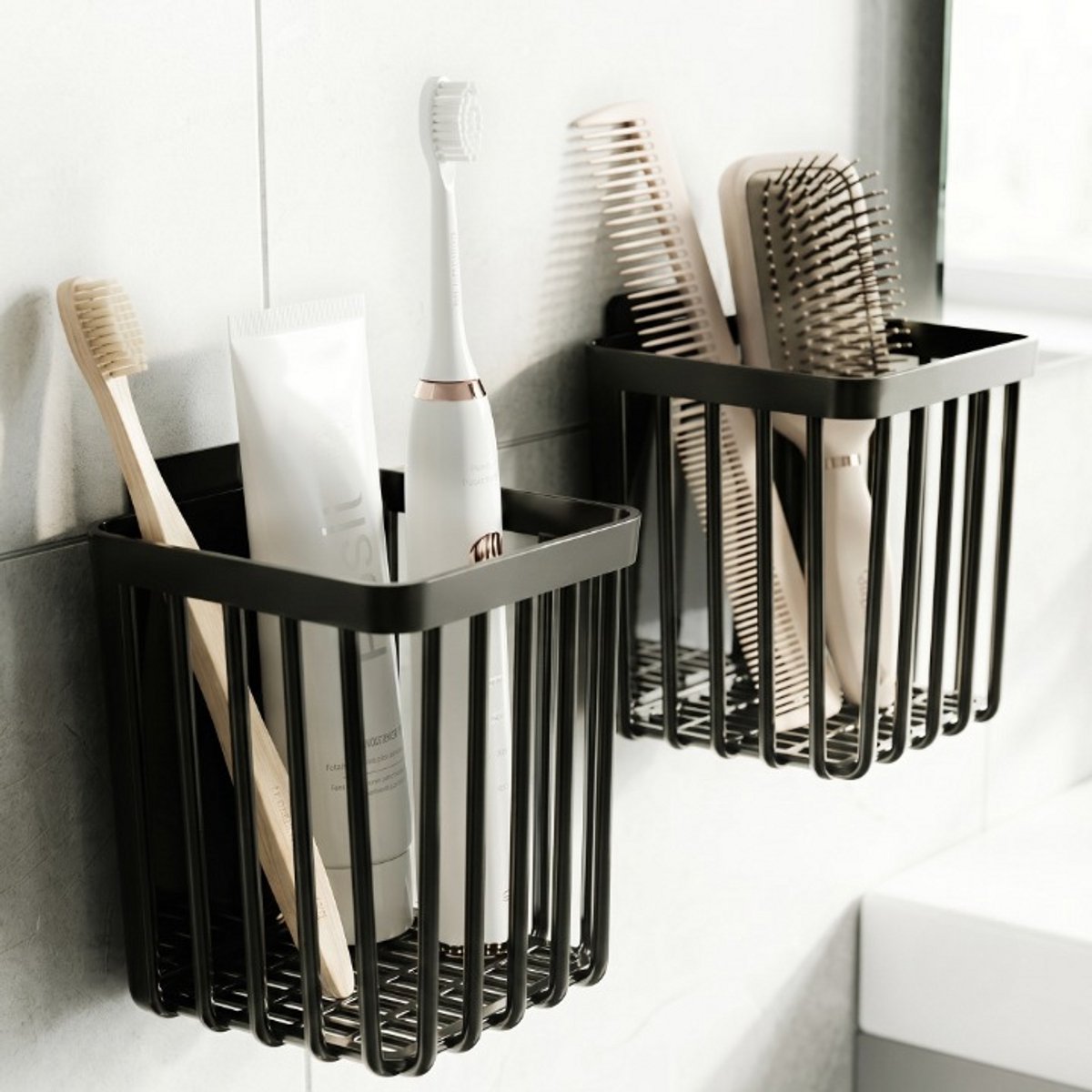 INDECOR 2-delige Zelfklevende Wand Organizer – Badkamer Opberger voor Tandenborstels, Kammen & Haarborstels – Zonder Boren – Multifunctioneel Wandrek – Zwart