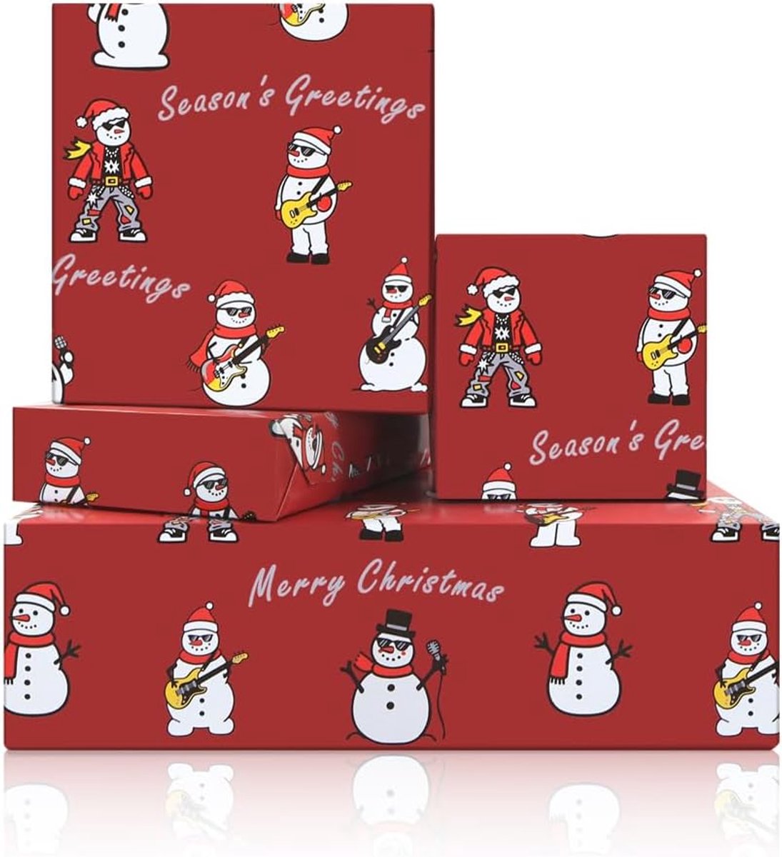 SnelShoppen - 4 Vellen Kerst Geschenkpapier met Sneeuwpop en Gitaarspel - Rode Inpakpapier voor Kinderen - Perfect voor Verjaardag, Winter, Kerstmis e