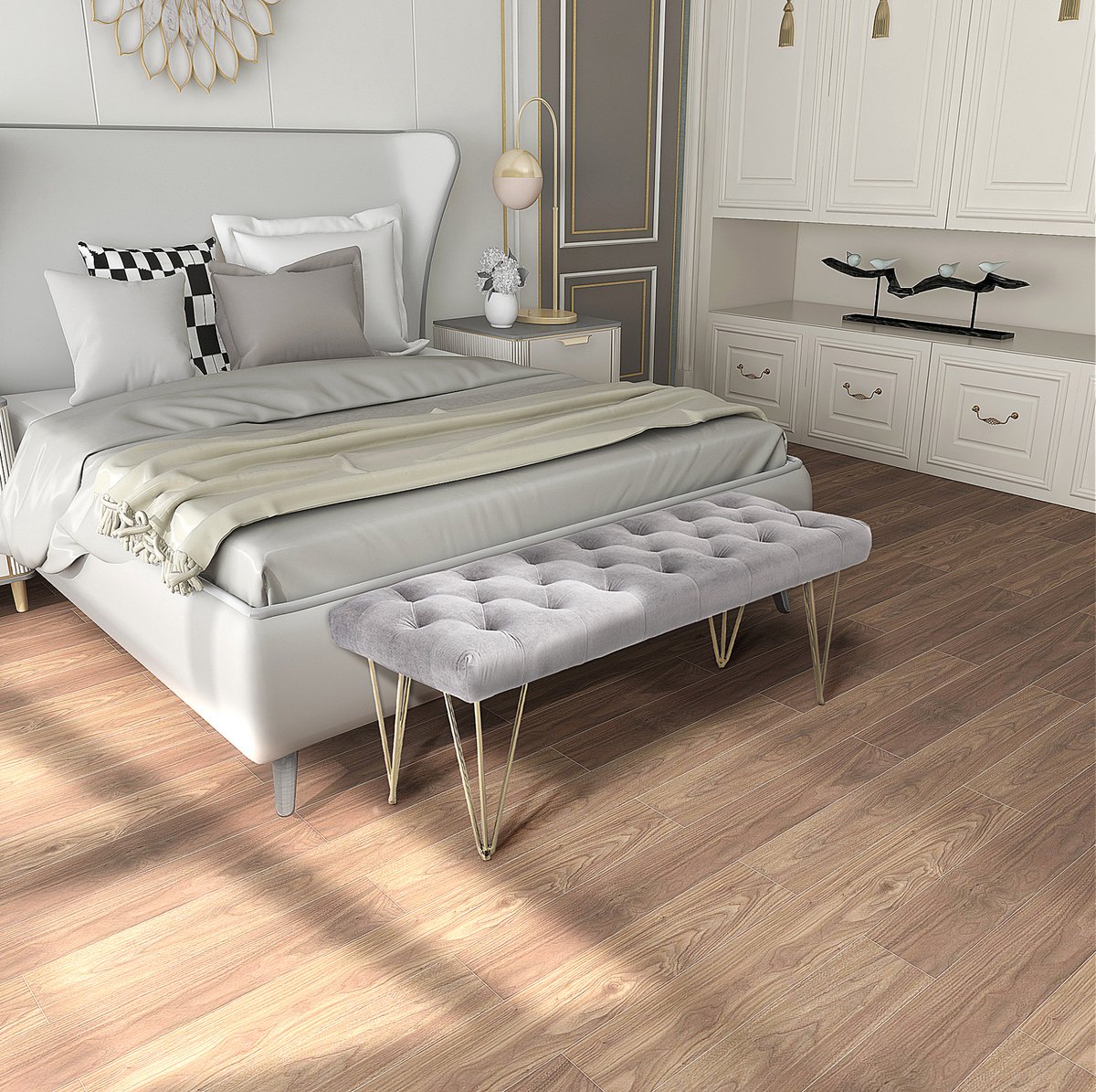 COVREO Bankje 116 x 44,5 x 49 cm grijs, velvet met metalen frame 100 kg