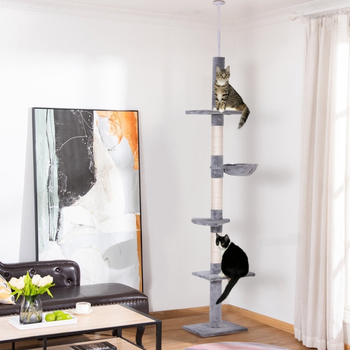DESMIU Krabpaal – Hoogteverstelbaar 40 x 34 x 230-260 cm – Pluche en Sisal – Grijs – Vijf Niveaus voor Krabben Klimmen en Rusten