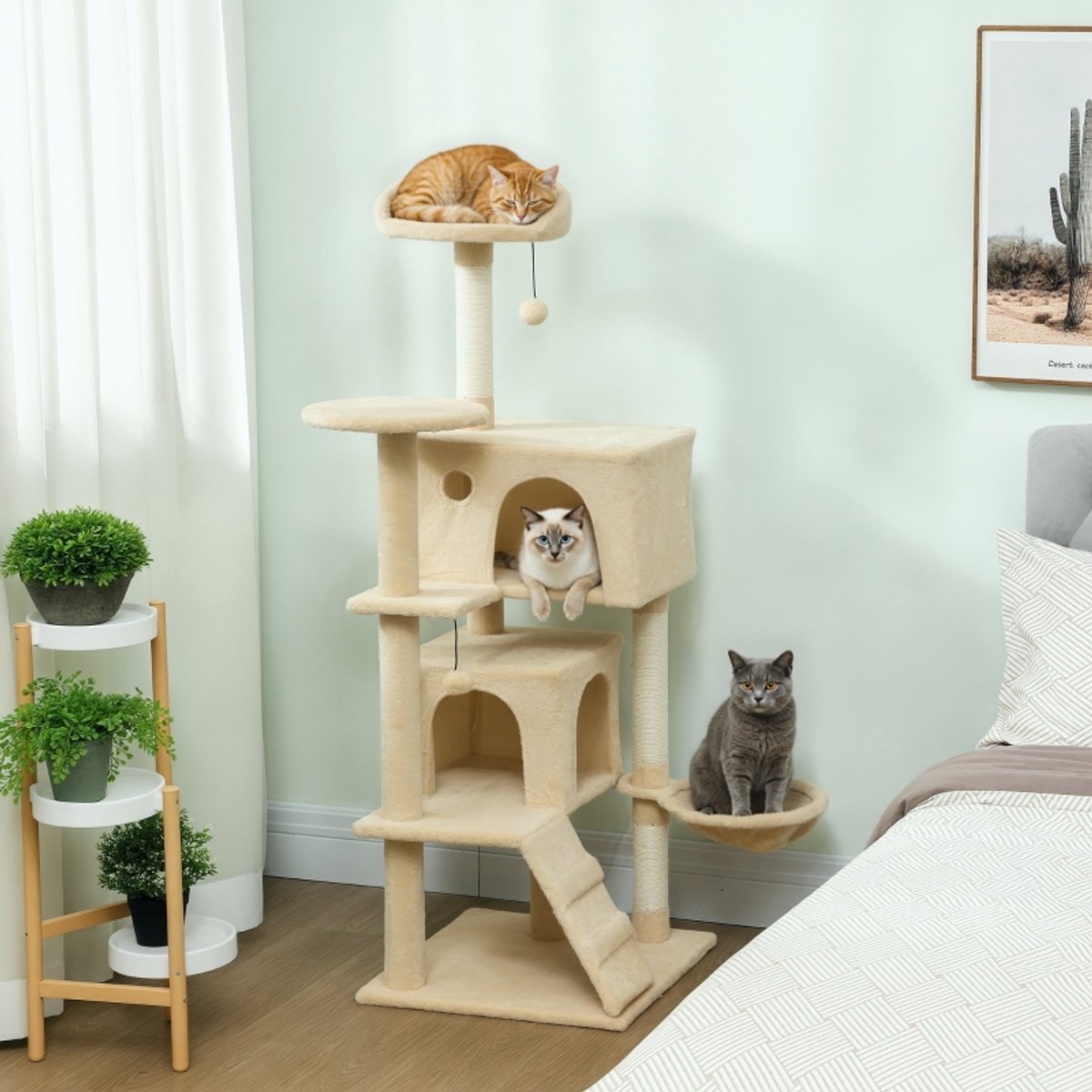 DESMIU Krabpaal 140 Cm Beige Met Hangmat Kattenhuis Ladder Pluche Ballen En Sisalstammen Voor Klimmen En Rust