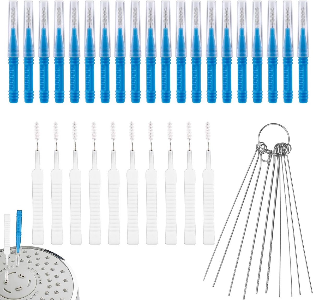 SnelShoppen - 40-delige Douchekop Reinigingsset, Inclusief Rvs Nozzles en Borstels voor Kleine Gaten, Anti-Verstoppings Accessoires voor Badkamer en K