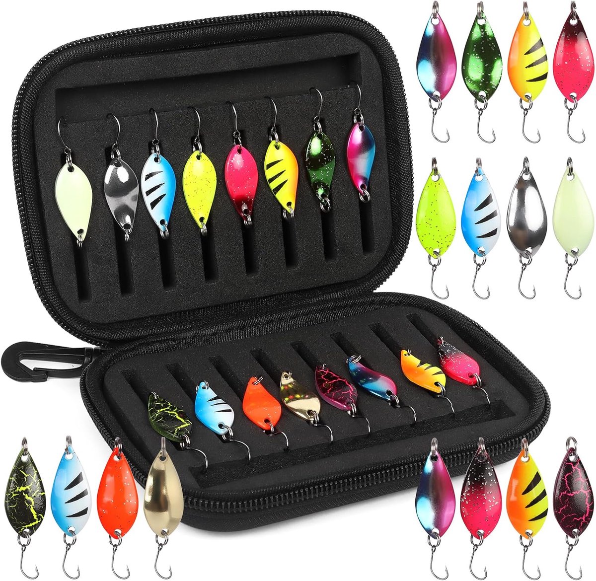 SnelShoppen - 16-Delige Spinner Bait Set met Vibrerende Indicatorlichten voor Forel, Baars, Zander en Roofvissen - Inclusief Waterdichte Aasdoos (2.5g