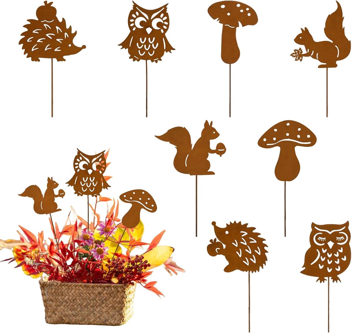 Tuinsteker Herfst - Roestdecoratie Uil - Tuin Decoratie - Set van 8 - 15 x 10 x 1 cm - Roestkleurig