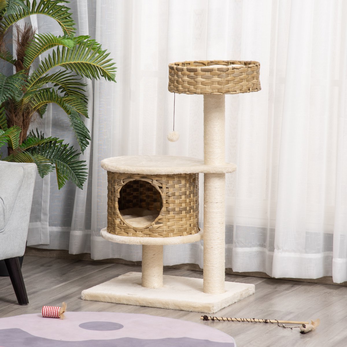 DESMIU Krabpaal – Met Kattenhuis En Hangbal – 55 x 47 x 95 cm – Spaanplaat, PE Rattan En Sisal – Naturel – Voor Krabben, Rusten En Spelen