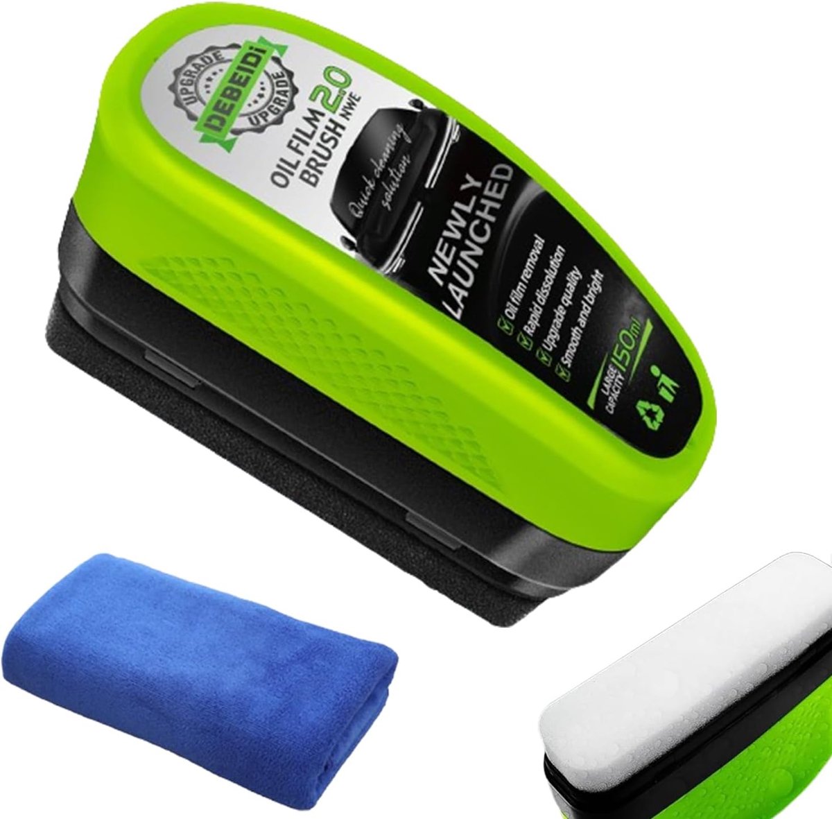 SnelShoppen - Reinigingsborstel met Oliefilm 150 ml, Groene Oliefilm voor Autoruiten, Verwijdert Glasolie en Insecten, Inclusief Handdoek