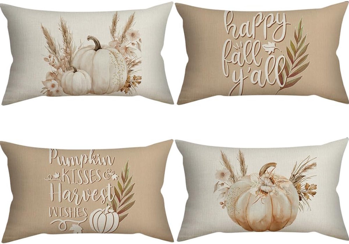 SnelShoppen - 4 Kussenhoezen Herfst 30 x 50 cm - Decoratieve Kussens voor Bank, Tuin, Woonkamer, Slaapkamer - Hoogwaardige Linnen Kussenslopen