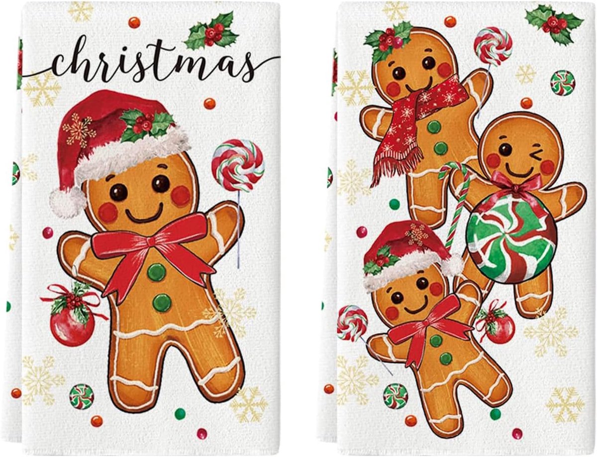 SnelShoppen - 2 Stuks Kerst Keukenhanddoeken 40x60 cm - Theedoeken met Peperkoek Motieven - Zachte Katoenen Kersthanddoeken voor Kerstdecoratie Binnen