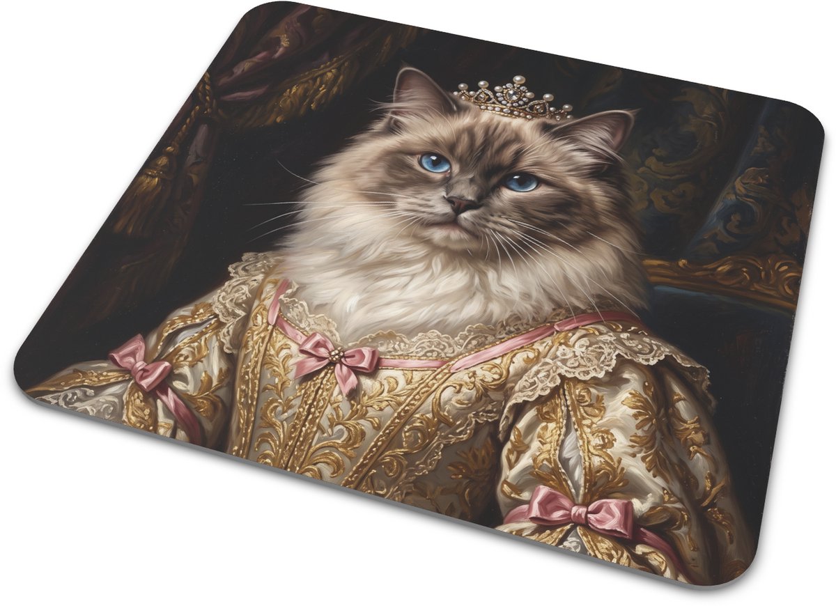 Muismat Ragdoll Kat Felis catus Renaissance Prinses Kroontje en Gouden Jurk Olieverf Lief Cadeau Kattenliefhebber Bureau 22x20 cm