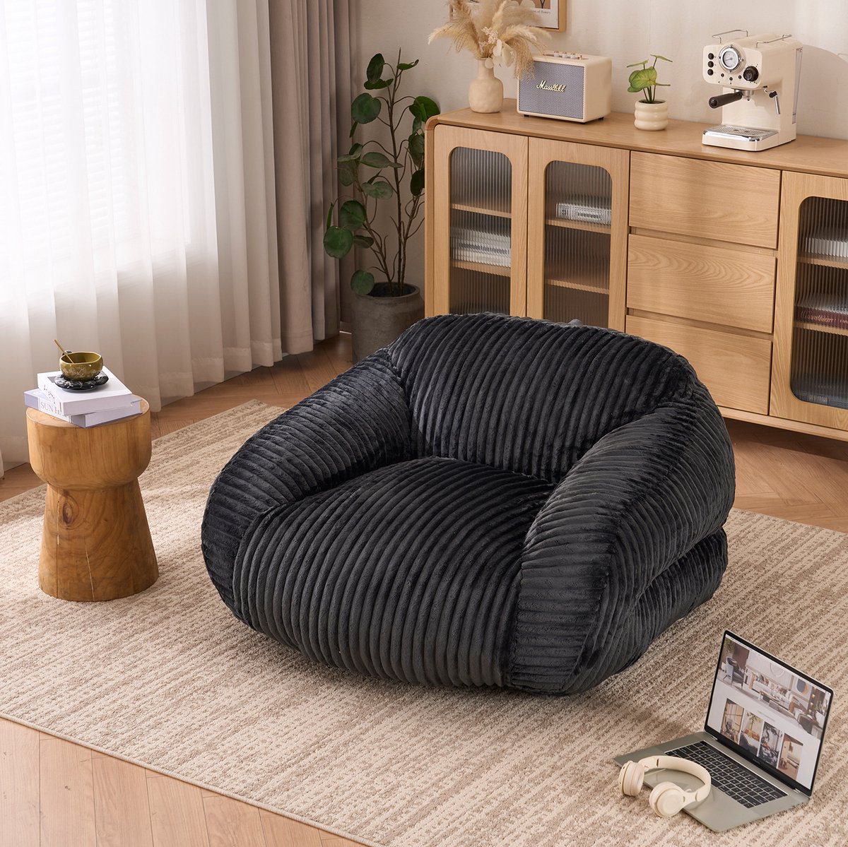 MIVRAY Zitzak Voor Volwassenen 116 x 110 x 61 cm - Met Hoge Rugleuning En Foam Vulling - Voor Woonkamer, Slaapkamer En Balkon - Ribstof - Donkergrijs
