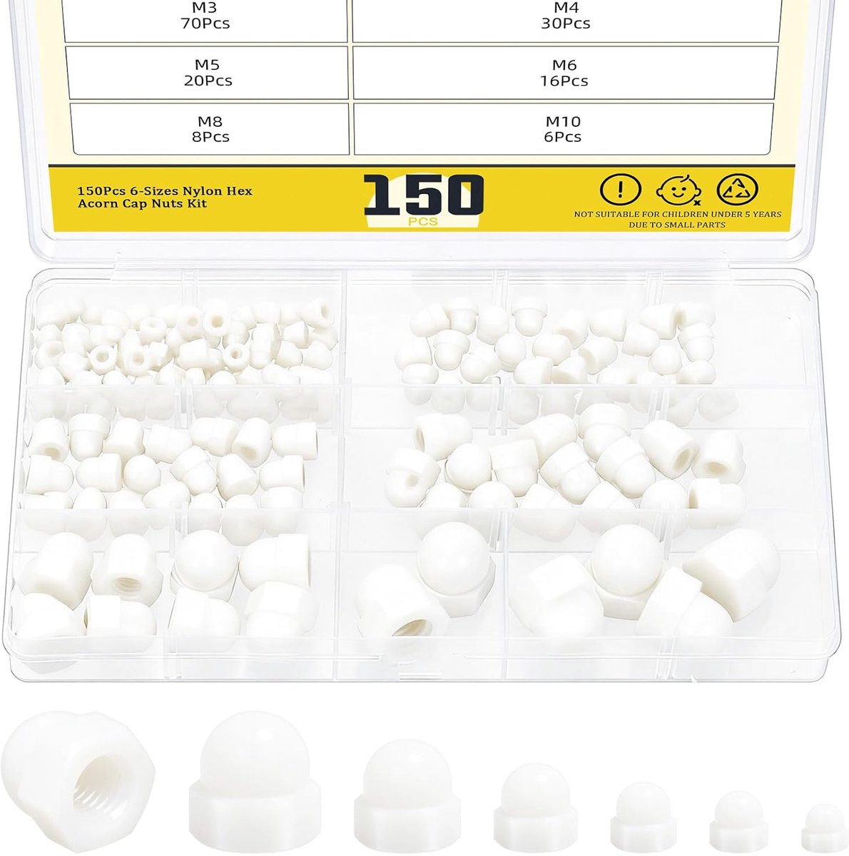 M4 M5 M6 M8 M10 eikelmoeren, eikelmoeren, metrische zeskantige koepelkap, assortiment kit voor meubels (wit, nylon)