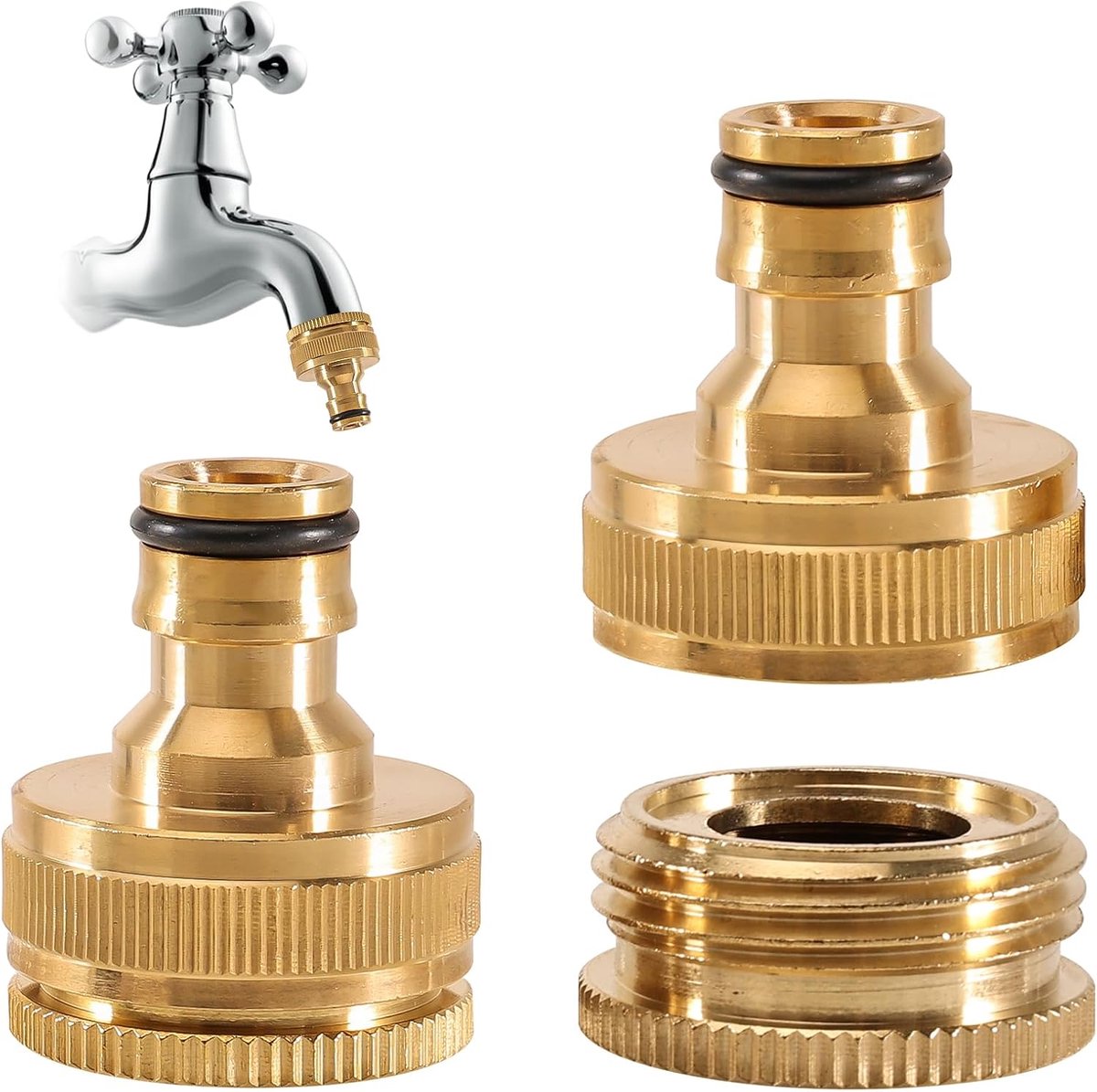 2 x messing kraanverbinder, 1 inch en 3/4 inch, 2-in-1 binnendraad voor tuinslangaansluiting, IG 1 inch naar 3/4 inch snelkoppeling voor Gardena insteeksysteem (adapter kraan tuinslang)