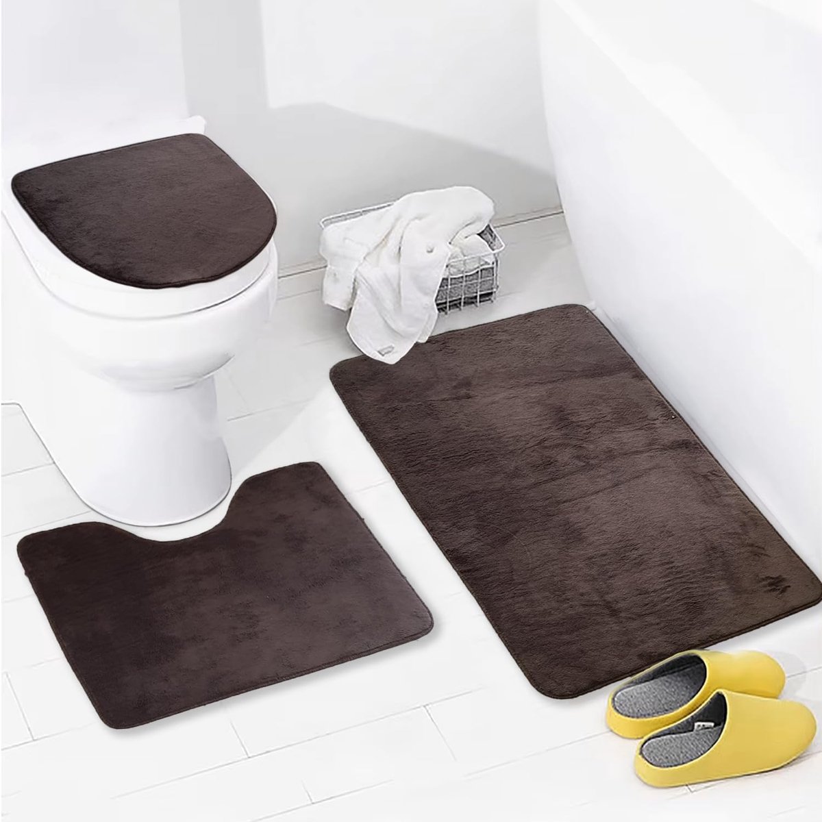 SnelShoppen - Ultrasoft Unicolor 3-delige antislip badmat set met lederen zool (bruin) - Luxe badmatten voor badkamer, antislip, ultrazacht, comfortab