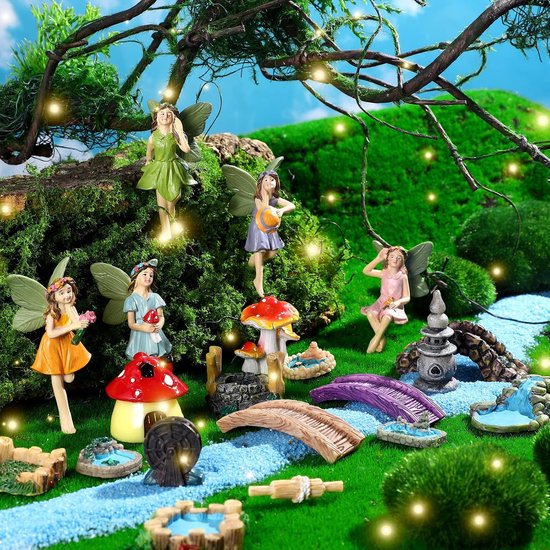 19 stuks Fairy Garden Accessoires Miniaturen Feeën Kabouter Figuren Hars Tuin Paddestoel Huis Figuren Nep Vijver Gazon Brug Beeldjes Terrarium Ornamenten Tuin Fairy Decoratie voor Buiten (Engel) — afbeelding 2
