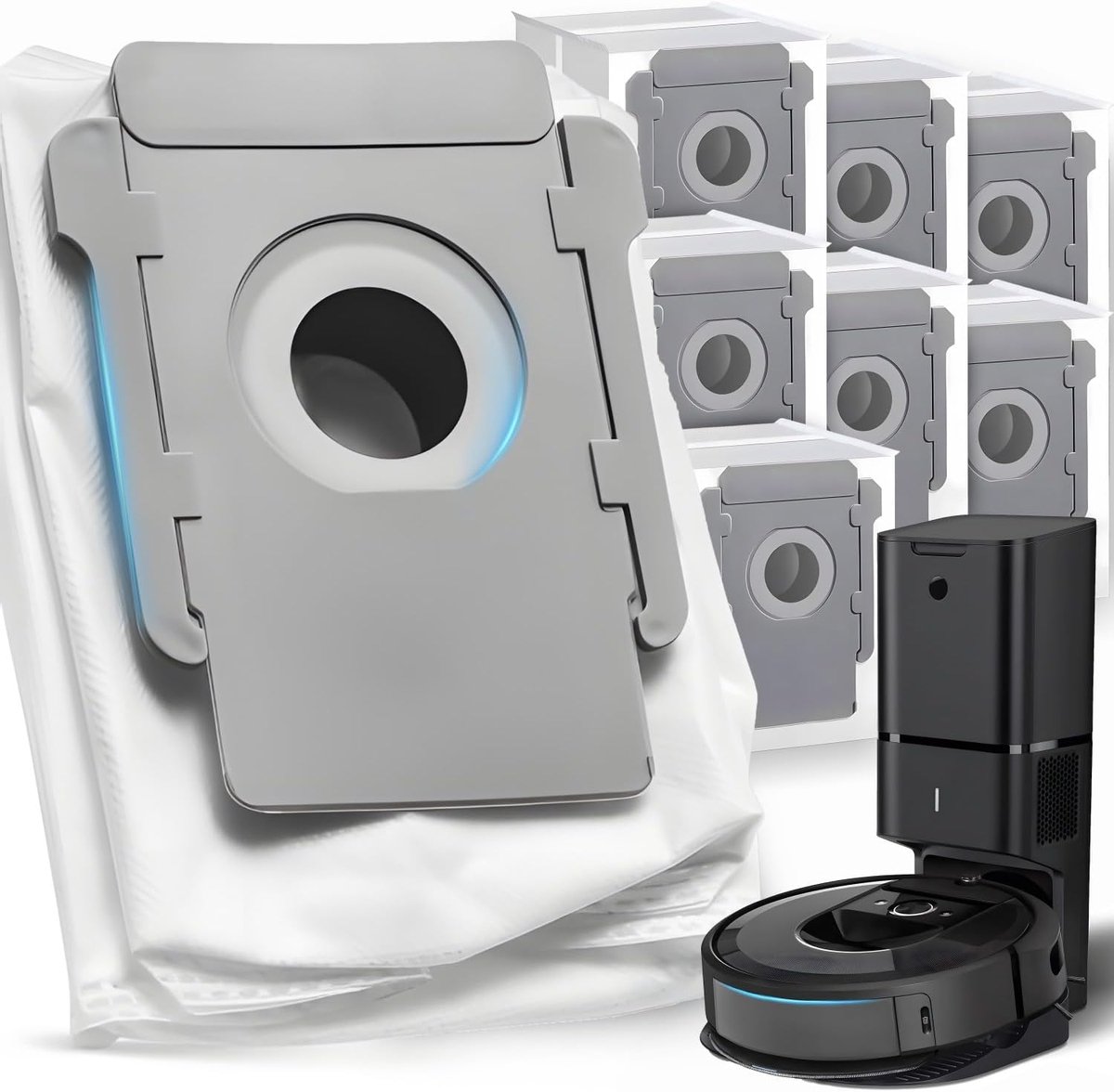 Stofzuigerzakken 8 stuks voor iRobot Roomba i3+ i4+ i5+ j5+ i7+ j7+ | Voor Clean Base, synthetisch materiaal, automatische sluiting, tot 30 containers per zak