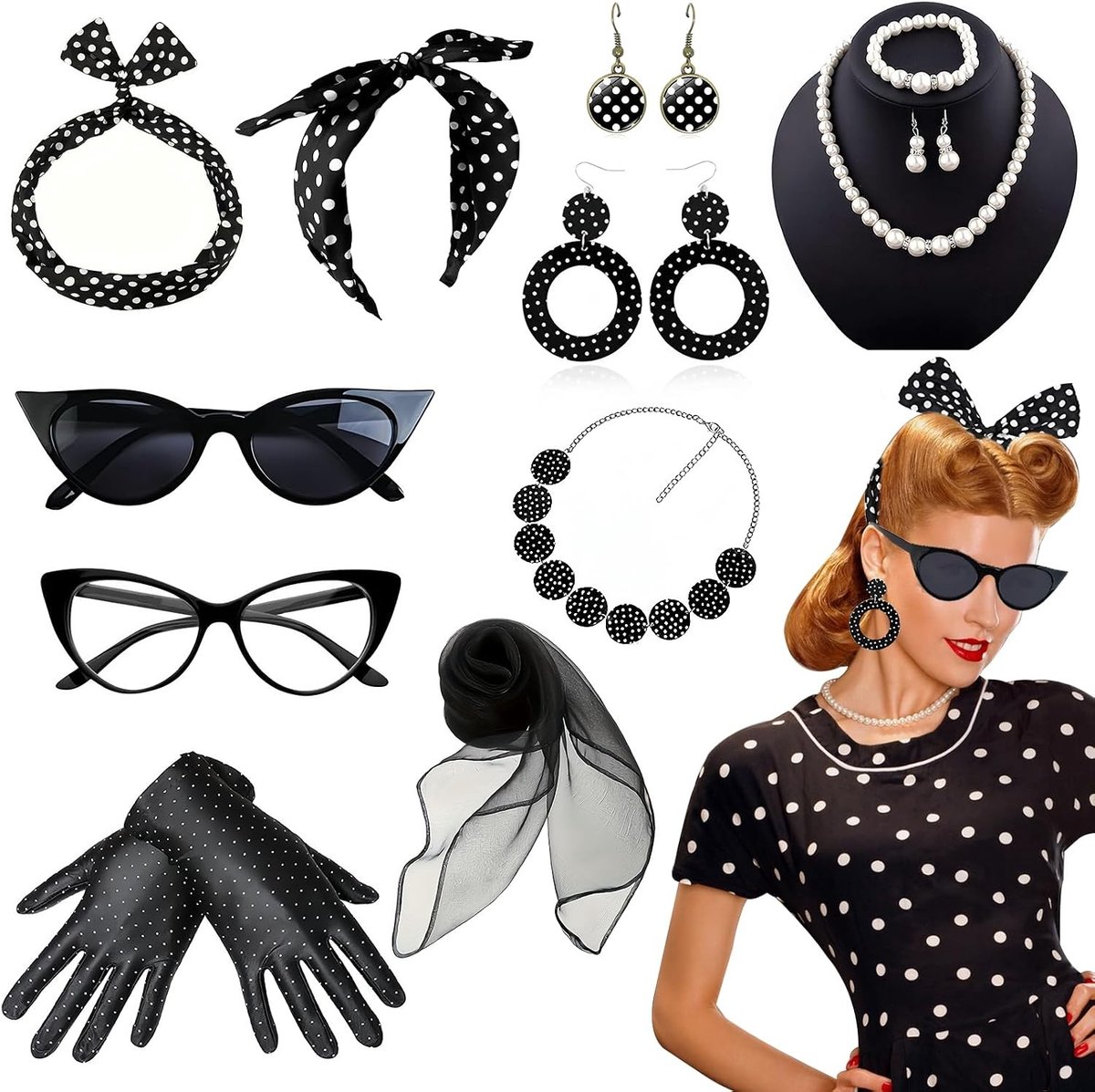 12-delige Rockabilly Accessoires Set voor Vrouwen - 1950s Retro Kostuum met Chiffon Sjaal, Handschoenen, Hoofdband, Parelsnoer en Oorbellen voor Carnaval en Feestjes