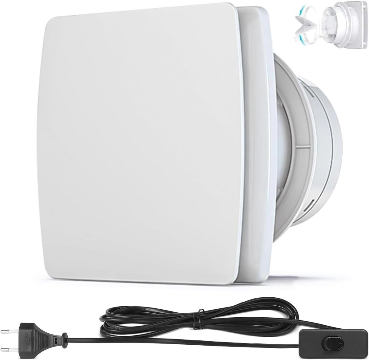 Stille Badkamer Ventilator 100mm 12W Afzuigventilator 95m³/h -3M Kabel | Stil 34 dB, met EU-stekker en Schakelaar, Koperen Motor, Terugslagklep, IPX2 -voor Toilet, Keuken, Kelder, Kantoor, Kas- Wit