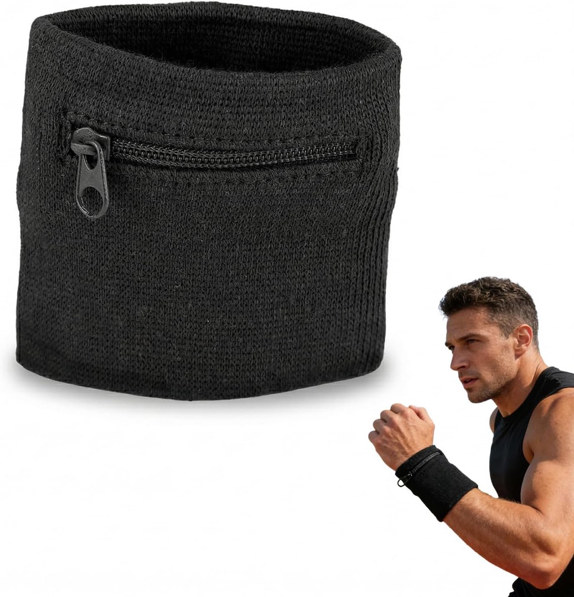 Polstas voor sleutels en munten, zweetband met ritssluiting, sportarmband van katoen, ademend, zwart, veilige grip, polszak voor hardlopen, fitness, reizen, 1 stuk