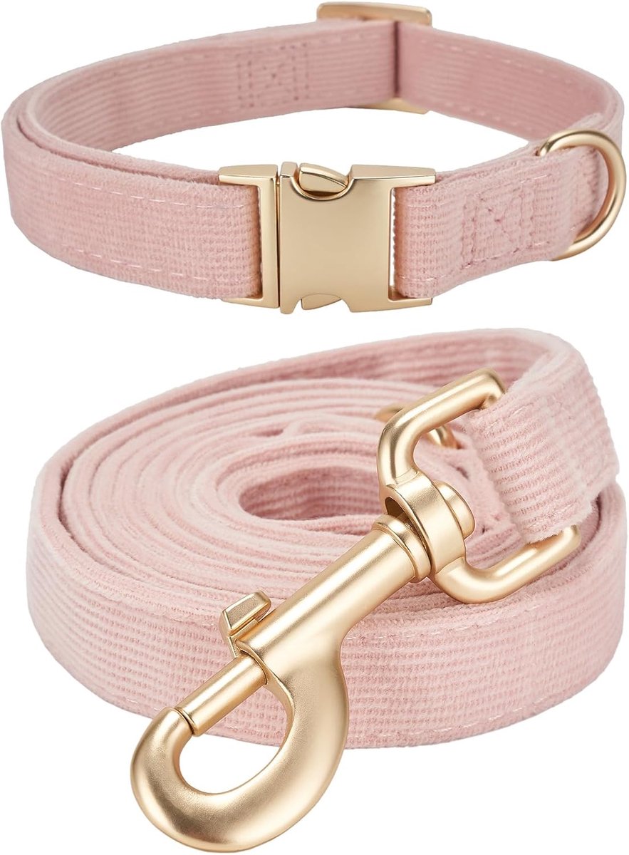 Hondenhalsband en riem set groot - zacht corduroy - lichtroze - ideaal voor dagelijks wandelen - ShopVlot