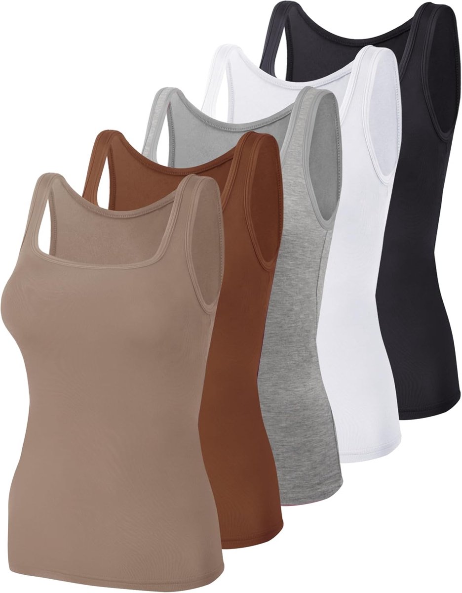 Tanktops voor dames, 5 stuks, vierkante hals, mouwloos, onderhemden